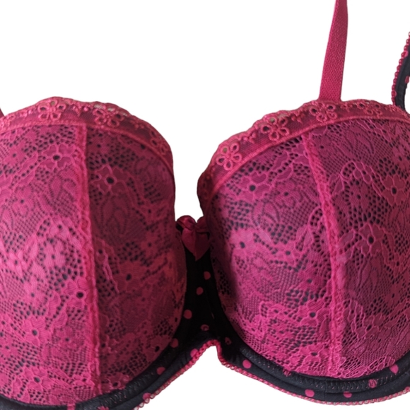 B. Temptd Wacoal Bra 32DDD Push Up Fuchsia Lace Black Polka Dot Underwire Floral - Picture 2 of 4